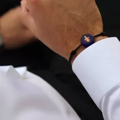 Michaël Vessière Bracelet Croix De Lorraine Bleu Translucide Sur Cordon